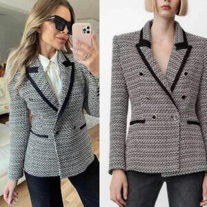 Zara Black White Textured Tweed Double Breasted Blazer
